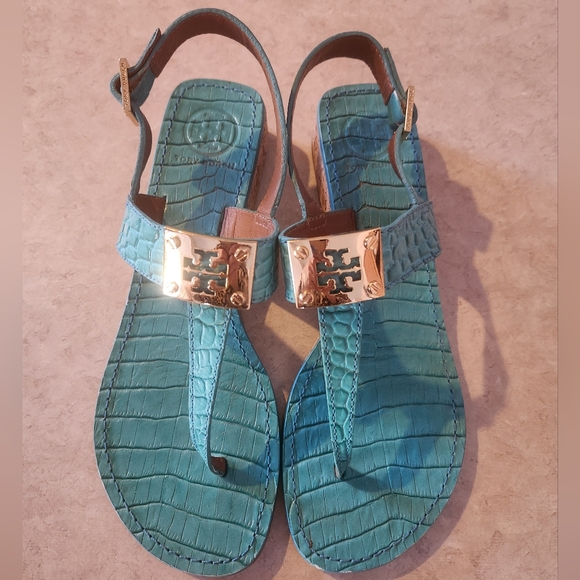 Tory Burch Shoes - Tory Burch Teal Croc-Embossed Leather Thong Sandals with Gold Logo